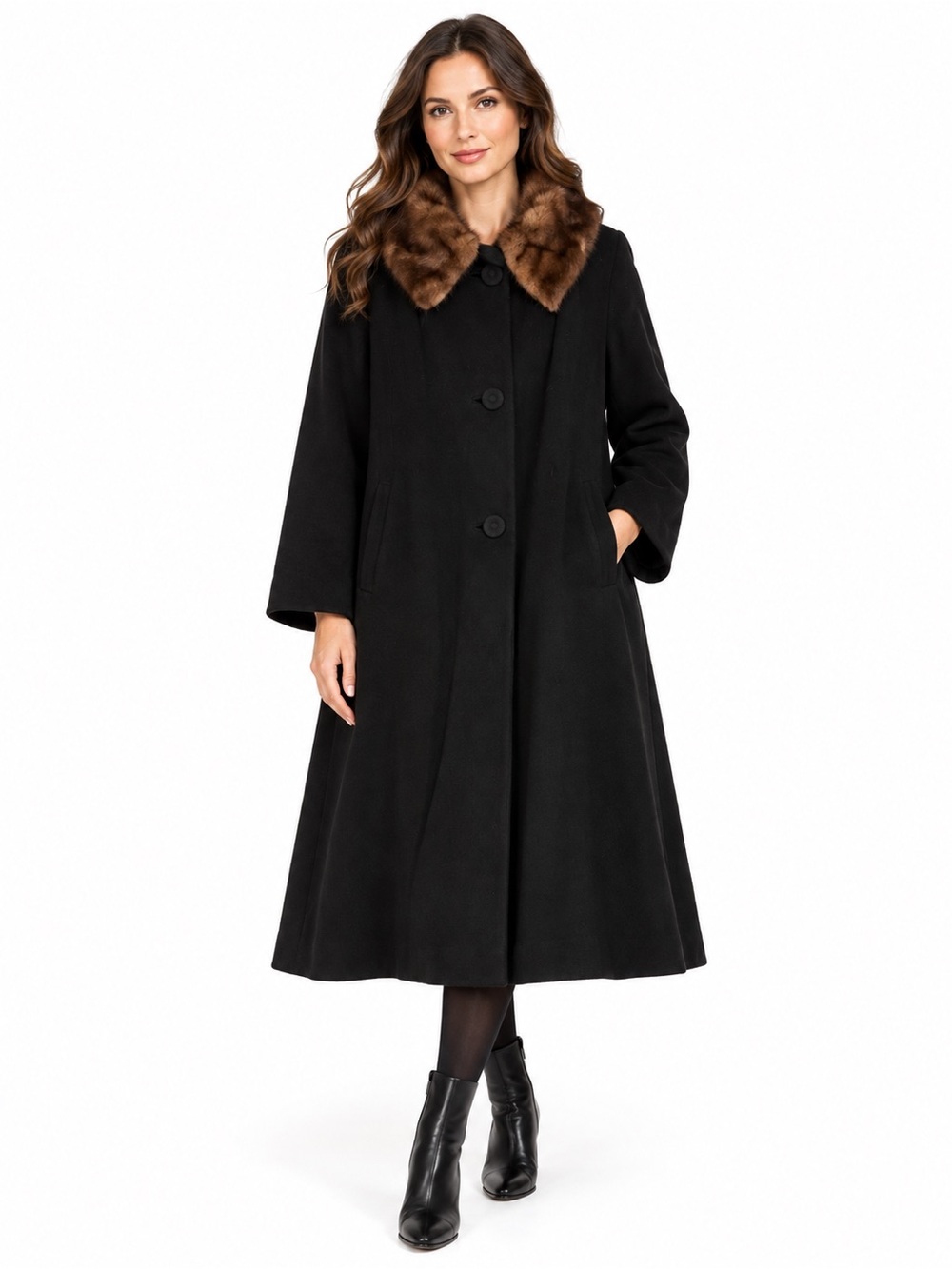 Vintage Elysee 100% Cashmere Black Swing Coat Brown Fur Collar Luxury Winter